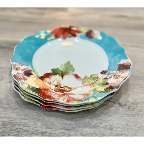 222 Fifth Natural Curiosities Dinner Plate Set Of 4 Floral Blue Scalloped Lot 2 - Picture 1 of 9